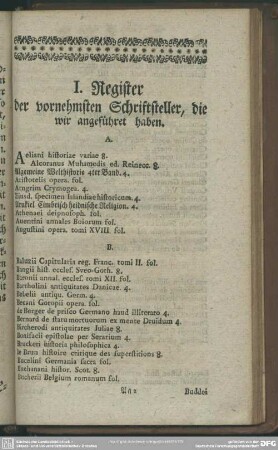 I. Register der vornehmsten Schriftsteller, die wir angeführet haben
