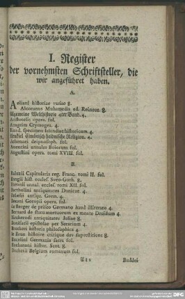 I. Register der vornehmsten Schriftsteller, die wir angeführet haben