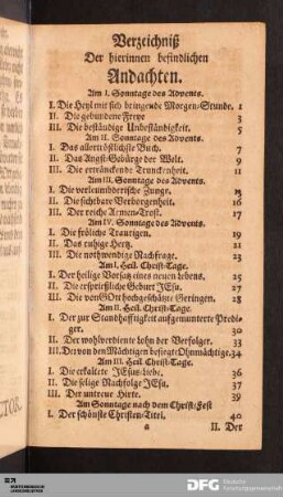 Verzeichniß Der hierinnen befindlichen Andachten.