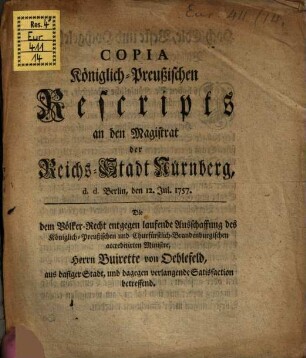 Copia Königlich-Preußischen Rescripts von dem Magistrat der Reichs-Stadt Nürnberg