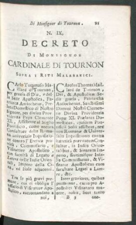 N. IX. Decreto di Monsignor Cardinale di Tournon sopra i riti malabarici.