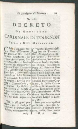 N. IX. Decreto di Monsignor Cardinale di Tournon sopra i riti malabarici.