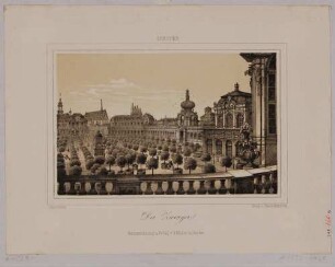 Ansicht des Zwingers, Blick von der Balustrade am Wallpavillon auf das Kronentor und den Orangebäumen