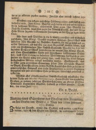 No. XII. Auszug eines Schreibens des Grafens von Flemming, an den Grafen von Brühl ...