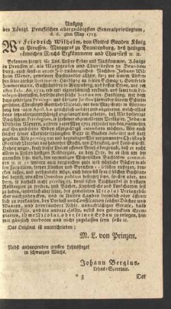 Auszug des Königl. Preußischen allergnädigsten Generalprivilegium, d. d. 3ten May 1713