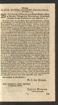 Auszug des Königl. Preußischen allergnädigsten Generalprivilegium, d. d. 3ten May 1713