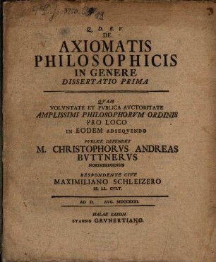 De axiomatis philosophicis in genere diss. I.