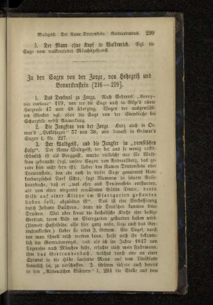 Zu den Sagen von der Zorge, von Hohegeiß und Bennedenstein (216-219).