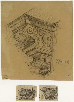 Römer zu Frankfurt, Konsole mit Beschlagwerk, Gewölbekonsole mit Rollwerk, Gewölbekonsole mit Muschelornament