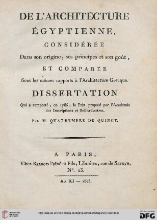 De l'architecture égyptienne : considerée dans son origine, ses principes et son gout et comparée sous les mêmes rapports à l'architecture grecque