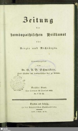 6.1833: Zeitung der homöopathischen Heilkunst für Ärzte und Nichtärzte