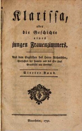 Klarissa, oder die Geschichte einen jungen Frauenzimmers, Vierter Band