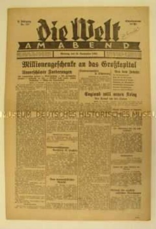 Berliner Abendzeitung "Die Welt am Abend" u.a. zur britischen Kolonialpolitik