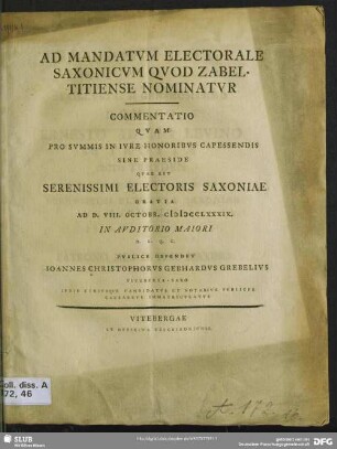 Ad Mandatum Electorale Saxonicum Quod Zabeltitiense Nominatur Commentatio