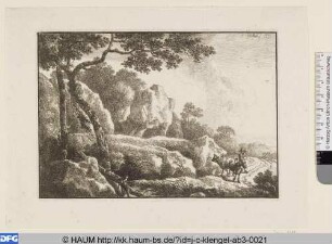 Hirte mit zwei Kühen in felsiger Landschaft