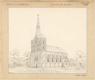 Zweischiffige Dorfkirche in märkischem Backstein für 300 Sitzplätze Monatskonkurrenz Juni 1877: Perspektivische Ansicht (Variante 1)