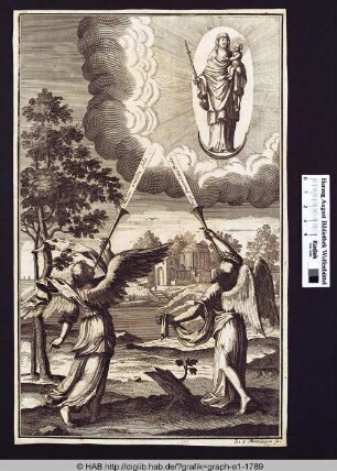 Maria und Kind auf einer Mondsichel stehend, darunter zwei Engel mit Fanfaren.