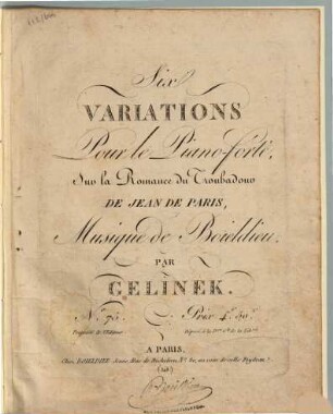 Six variations pour le piano-forte, sur la romance du troubadour de Jean de Paris, musique de Boieldieu : no. 75