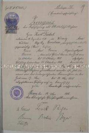 Zeugnis über Lehrbefähigung als Lehrer an Mittelschulen für Kurt Diebel; Posen, 19. Mai 1915