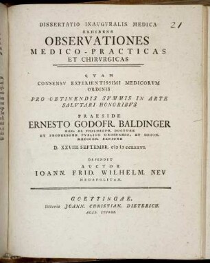 Dissertatio Inauguralis Exhibens Medica Observationes Medico-Practicas Et Chirurgicas