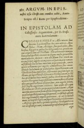 In Epistolam Ad Colossenses Argumentum, per D. Erasmum Roterodamum.