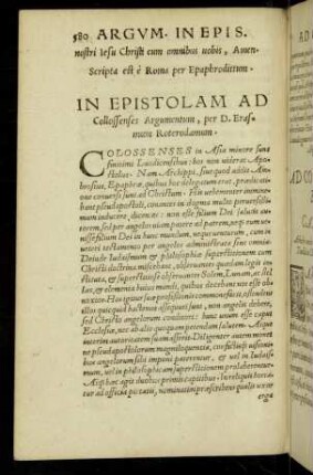 In Epistolam Ad Colossenses Argumentum, per D. Erasmum Roterodamum.