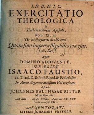 Exercitatio theol. in exclamationem Apostoli : Rom. XI, 33