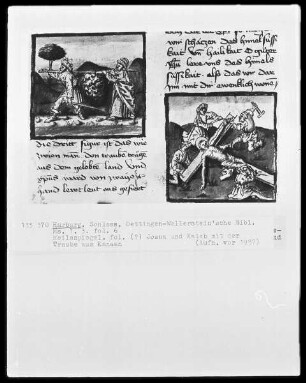 Ms. 1.3. Folio 6: Sammelhandschrift des Heilsspiegels; Josua und Kaleb mit der Traube aus Kanaan; Kreuzigung
