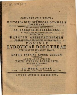 Commentatio tertia de historia bibliothecae gymnasii Gothani
