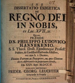 Dissertatio Exegetica De Regno Dei In Nobis : ex Luc. XVII,21.