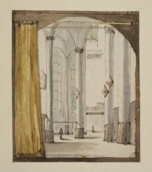 Das gerahmte Bild eines Kircheninterieurs mit Vorhang