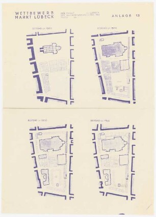Markt, Lübeck: Lageplan von 1200, 1800, 1900 und 1942 (ohne Maßstab)