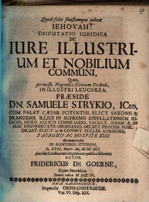 Disputatio Iuridica De Iure Illustrium Et Nobilium Communi