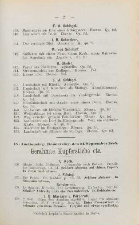 IV. Auctionstag: Donnerstag, den 24. September 1885