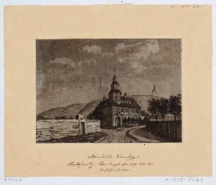 Das Meinholdsche Turmhaus an der Ecke Weinbergstraße Hoflößnitzstraße in Radebeul-Oberlößnitz, Teil des heutigen Weinguts Aust auf dem historischen Meinholds Weinberg, im Hintergrund rechts das Spitzhaus