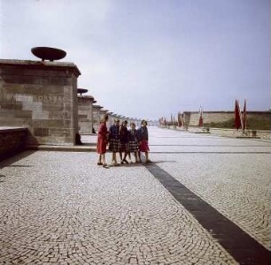 Weimar-Buchenwald. Nationale Mahn- und Gedenkstätte Buchenwald, Mahnmal auf der Südseite des Ettersbergs (1954-1958), Straße der Nationen mit Pylon der Nationen