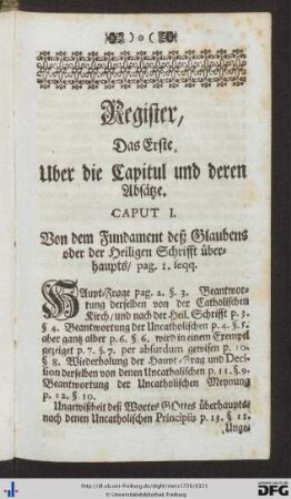 Register über die Capitul und deren Absätze.