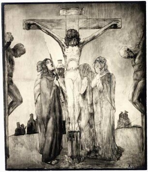XII. Station: Jesus stirbt am Kreuz (Entwurf oder übermalte, veränderte Vorzeichnung mit Untermalung) : Stationen des Kreuzweges Jesu (für die Kirche in Schönbrunn im Steigerwald). XII. Station: Jesus stirbt am Kreuz (vielleicht Entwurf, aber wahrscheinlich übermalte, veränderte Vorzeichnung mit Untermalung). Gemälde (1928; M. Molitor)