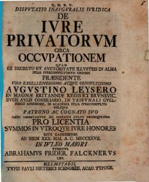 Dispvtatio Inavgvralis Ivridica De Ivre Privatorvm Circa Occvpationem