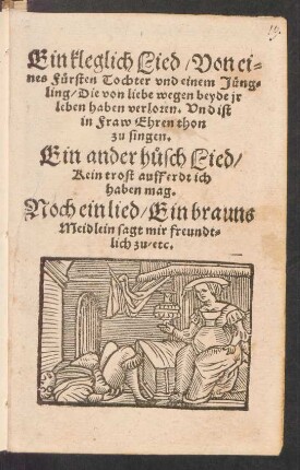 Ein kleglich Lied/ Von ei=||nes Fuersten Tochter vnd einem Jueng=||ling/ Die von liebe wegen beyde jr || leben haben verloren. Vnd ist || in Fraw Ehren thon || zu singen.|| Ein ander h°usch Lied/|| Kein trost auff erdt ich || haben mag.|| Noch ein lied/ Ein brauns || Meidlein sagt mir freundt=||lich zu/ etc.||