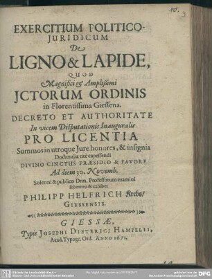 Exercitium Politico-Iuridicum De Ligno & Lapide