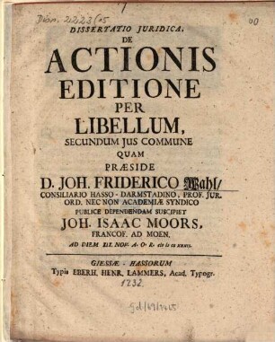 Dissertatio iuridica de actionis editione per libellum secundum ius commune