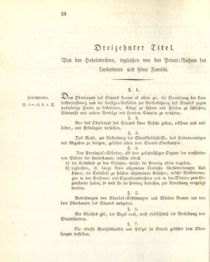 Dreizehnter Titel. Von den Hoheitsrechten, ingleichen von den Privat-Rechten des Landesherrn und seiner Familie
