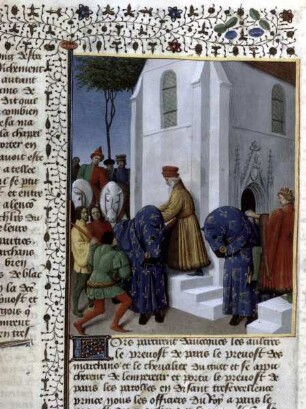 Grandes Chroniques de France — Eine Ansprache zu Ehren von Kaiser Karl IV. und König Karl V. vor der Chapelle-Saint-Denis., Folio 445