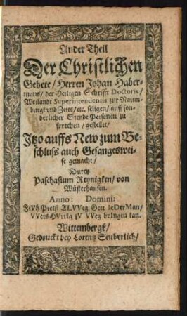 Ander Theil Der Christlichen Gebete/ Herren Johan Habermans ...