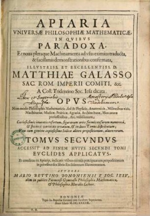 Apiaria Vniversæ Philosophiæ Mathematicæ : In Qvibvs Paradoxa Et noua pleraque Machinamenta ad vsus eximios traducta, & facillimis demonstrationibus confirmata, Tomvs Secvndvs
