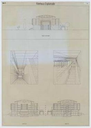 Wettbewerb Filmhaus Esplanade (nicht realisiert), Engere Wahl – Südostansicht, Schnitte, Innenperspektivansichten. Berlin-Tiergarten, Potsdamer Platz 2