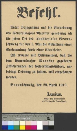 Anordnung zur Ausrichtung einer Versammlung und einer Abendfeier während des Feiertages am 1. Mai 1919 im Landbezirk Braunschweig