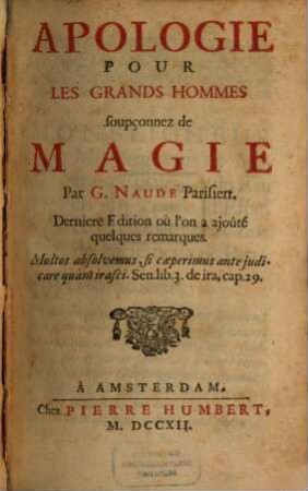 Apologie Pour Les Grands Hommes soupçonnez de Magie