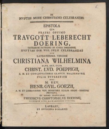 De Nvptiis More Christiano Celebrandis : Epistola
